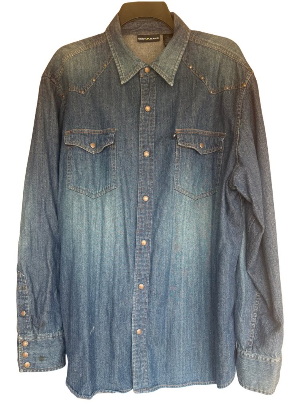 DKNY Jeans Western Denim Shirt XL Pearl Snap Long Sleeve Medium Wash Cotton